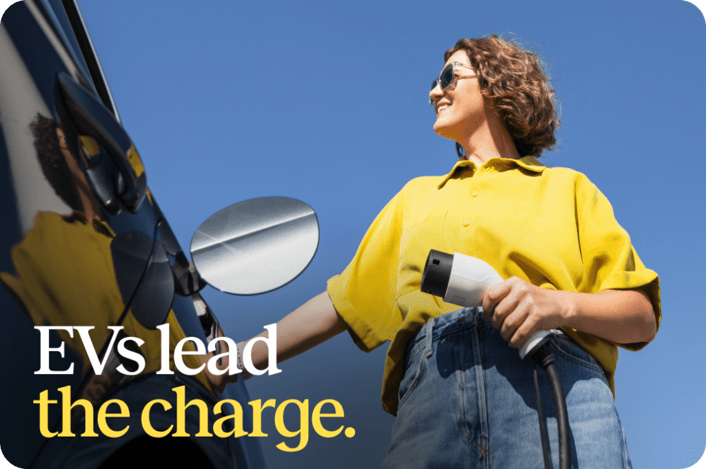 A woman in a yellow top plugging in her electric car, titled 'Electric Vehicles Lead the Charge'